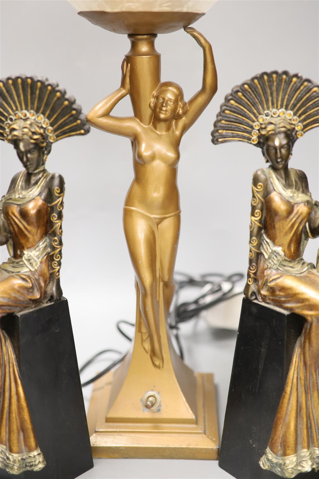 An Art Deco style figural lamp and two resin figural candlesticks, tallest 50cm